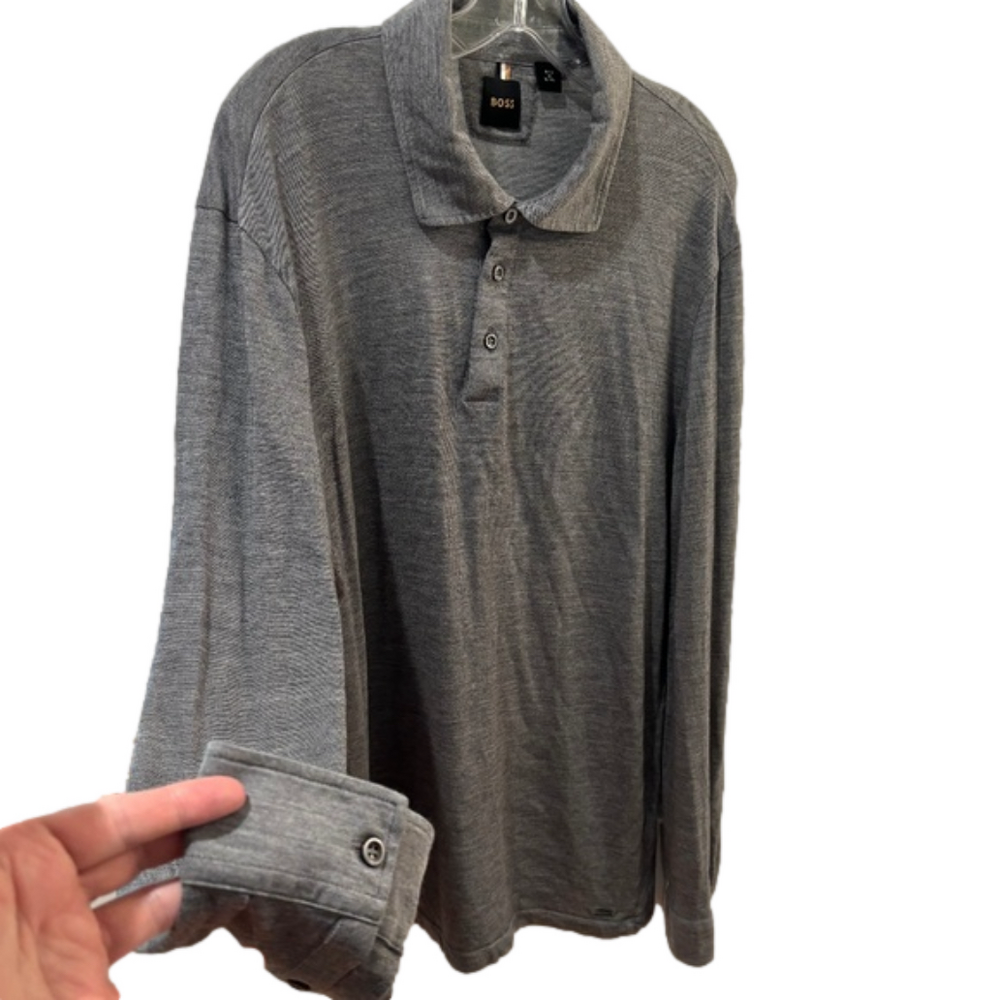 HUGO BOSS POLO SHIRT IN RELAXED FIT GRAY KNIT W LONG SLEEVE COMFORT SZ 3XL